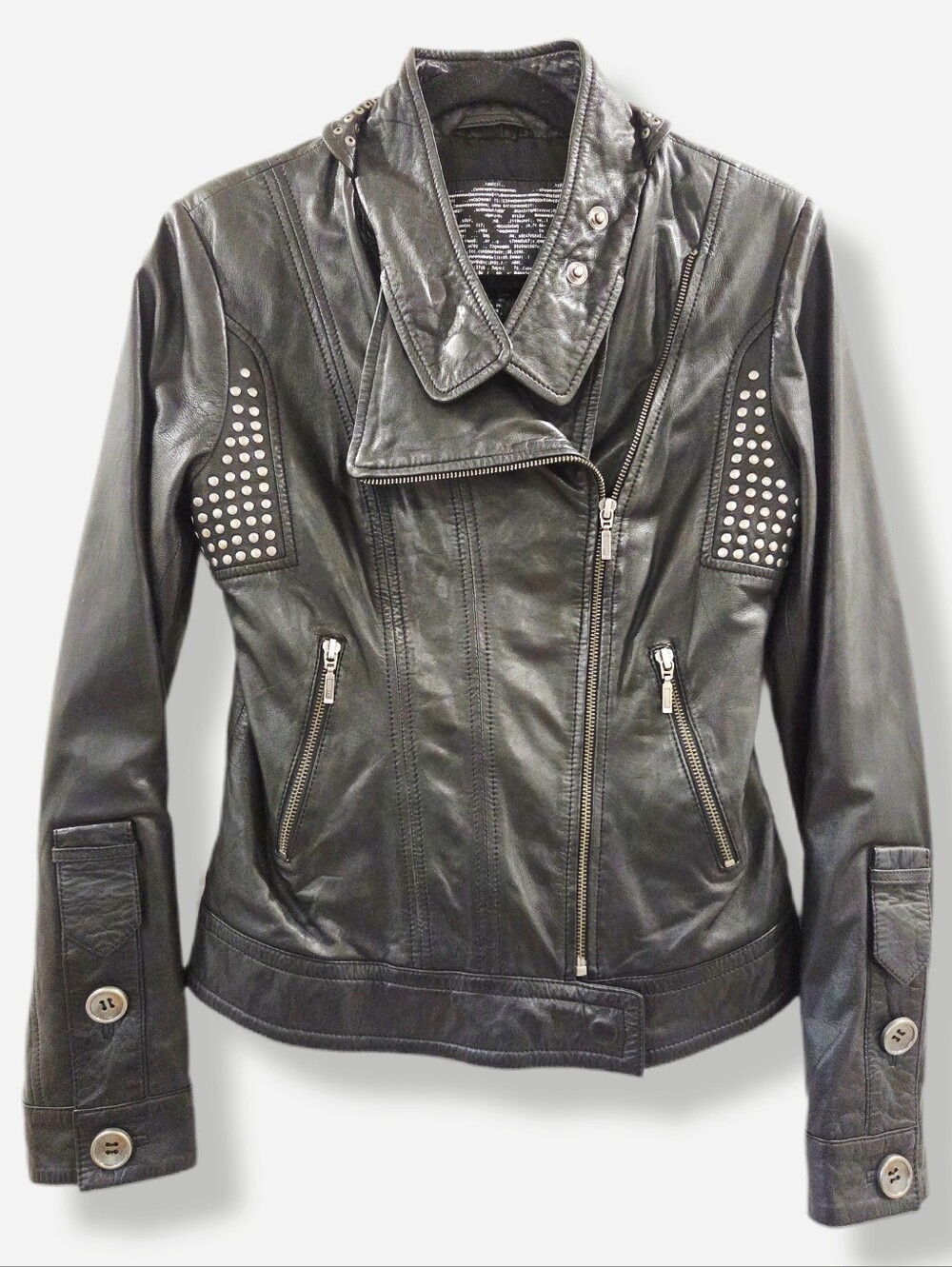 Black Leather Studded Perfecto – New Rebel Moto Biker Jacket – Size S